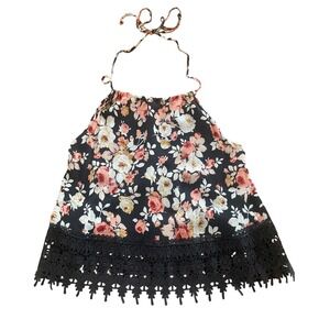 LA Hearts PacSun Black Floral Halter Top‎ Sz S Y2K Fairycore Crochet Lace Trim
